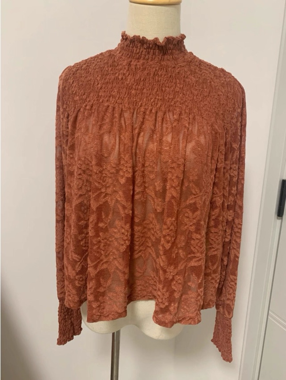 Anthropologie Deletta NWT Textured Lace Smocked Mock Neck Blouse XSP Rust